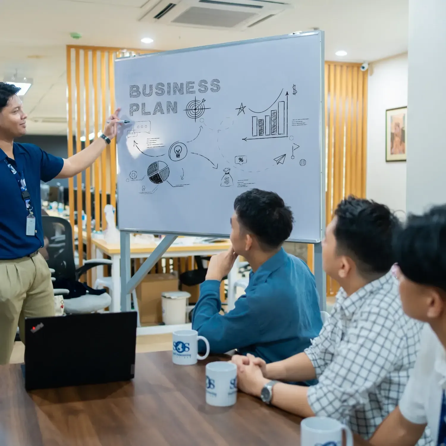 Man presenting a business plan on a whiteboard to three seated colleagues.