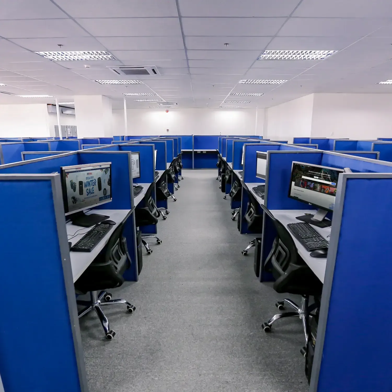 Office room with rows of empty blue cubicles and computers.