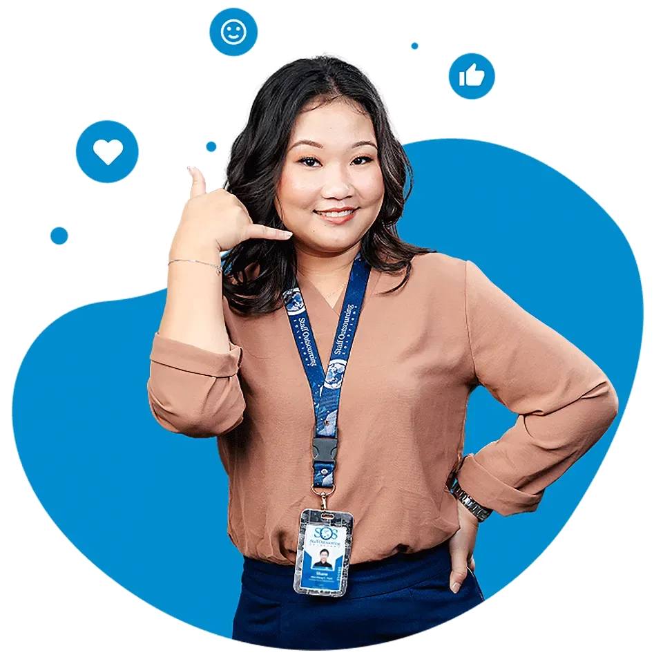 Woman smiling, making phone gesture, with social media icons around.